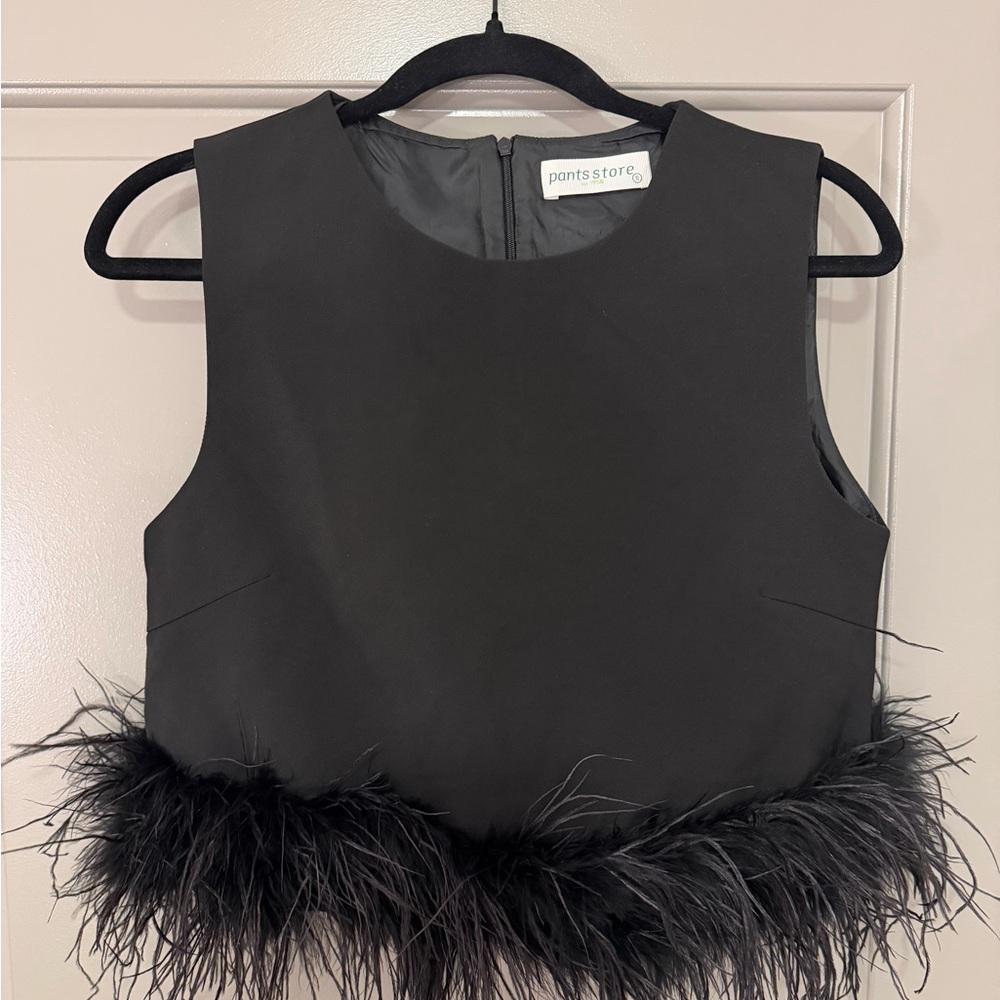 Pants Store Black Feather Trim Crop Top